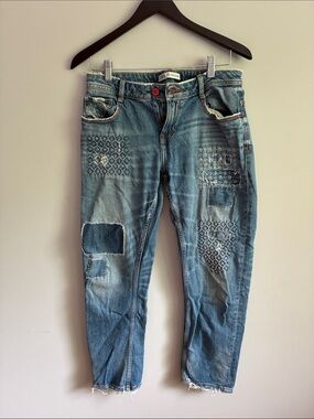 Zara Distressed Blue Sashiko Patchwork Jeans